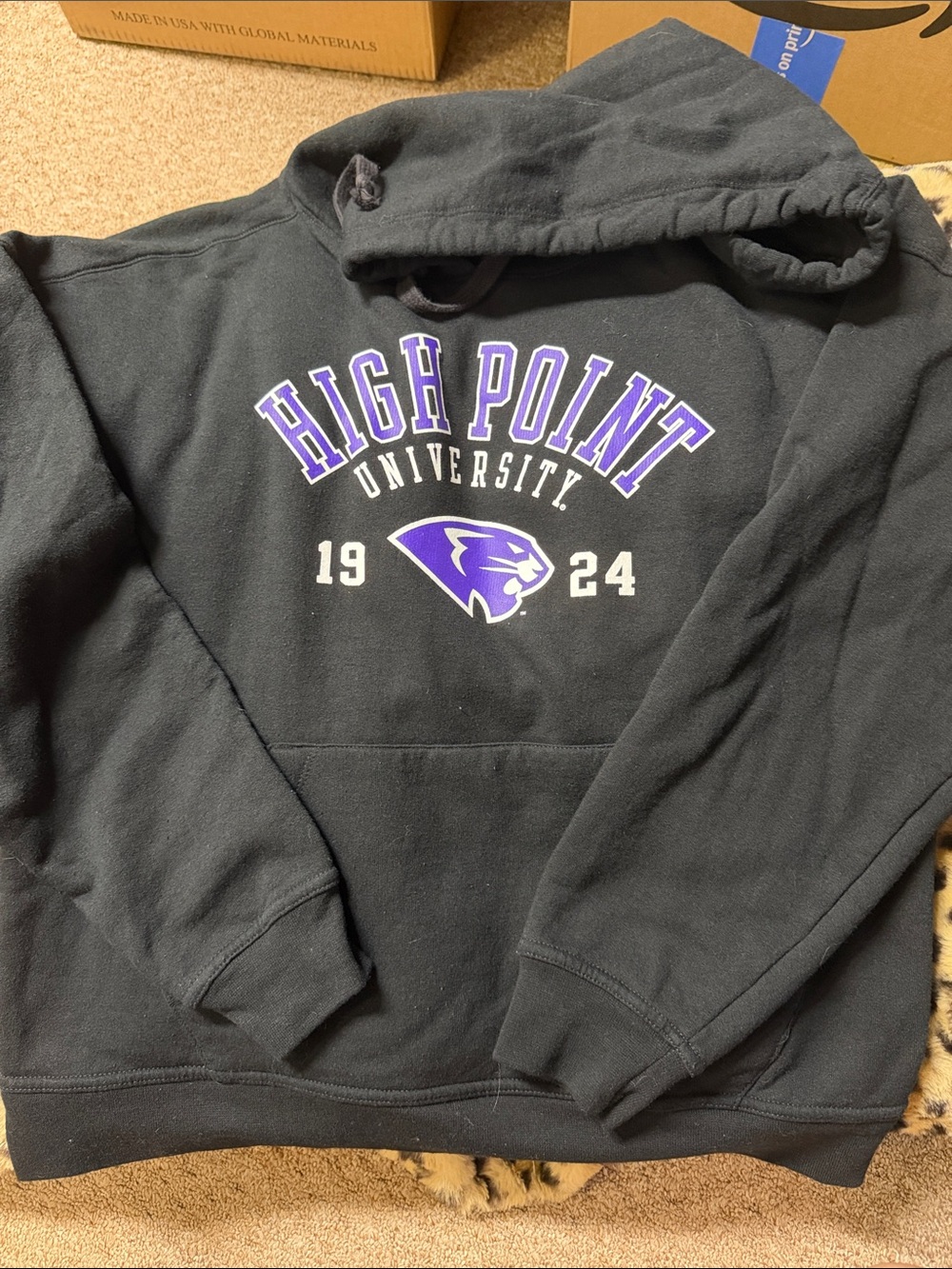 High Point University Black Hoodie with purple logo, large